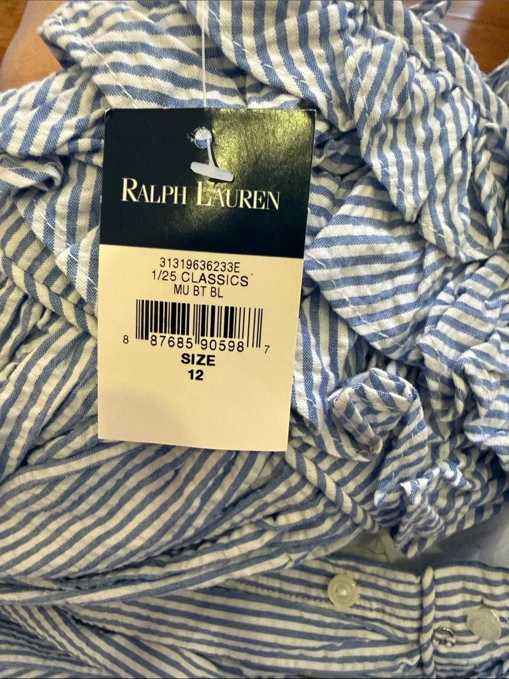 Ralph Lauren girls seersucker Ruffle front dress size 12 NWOT
